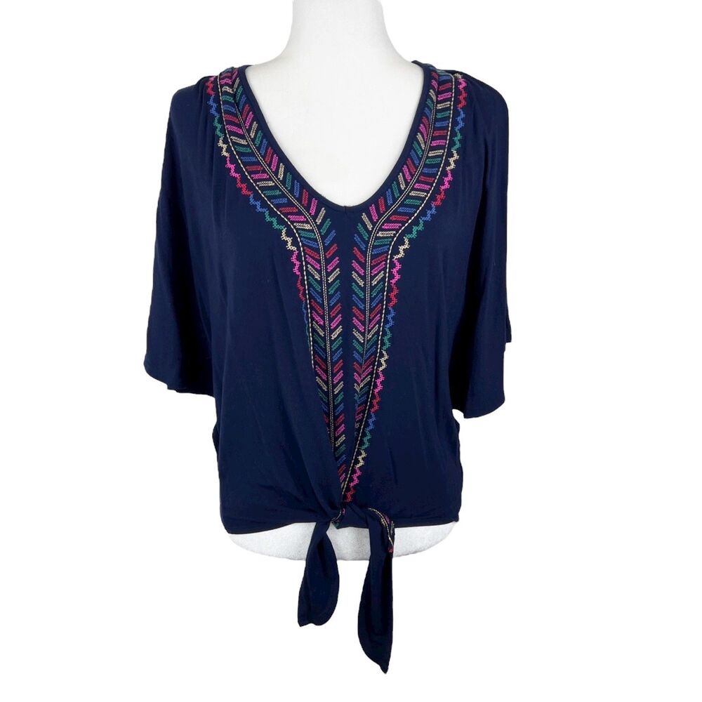 Democracy Blouse Women Small Blue Boho Multicolor Aztec Embroidered Casual